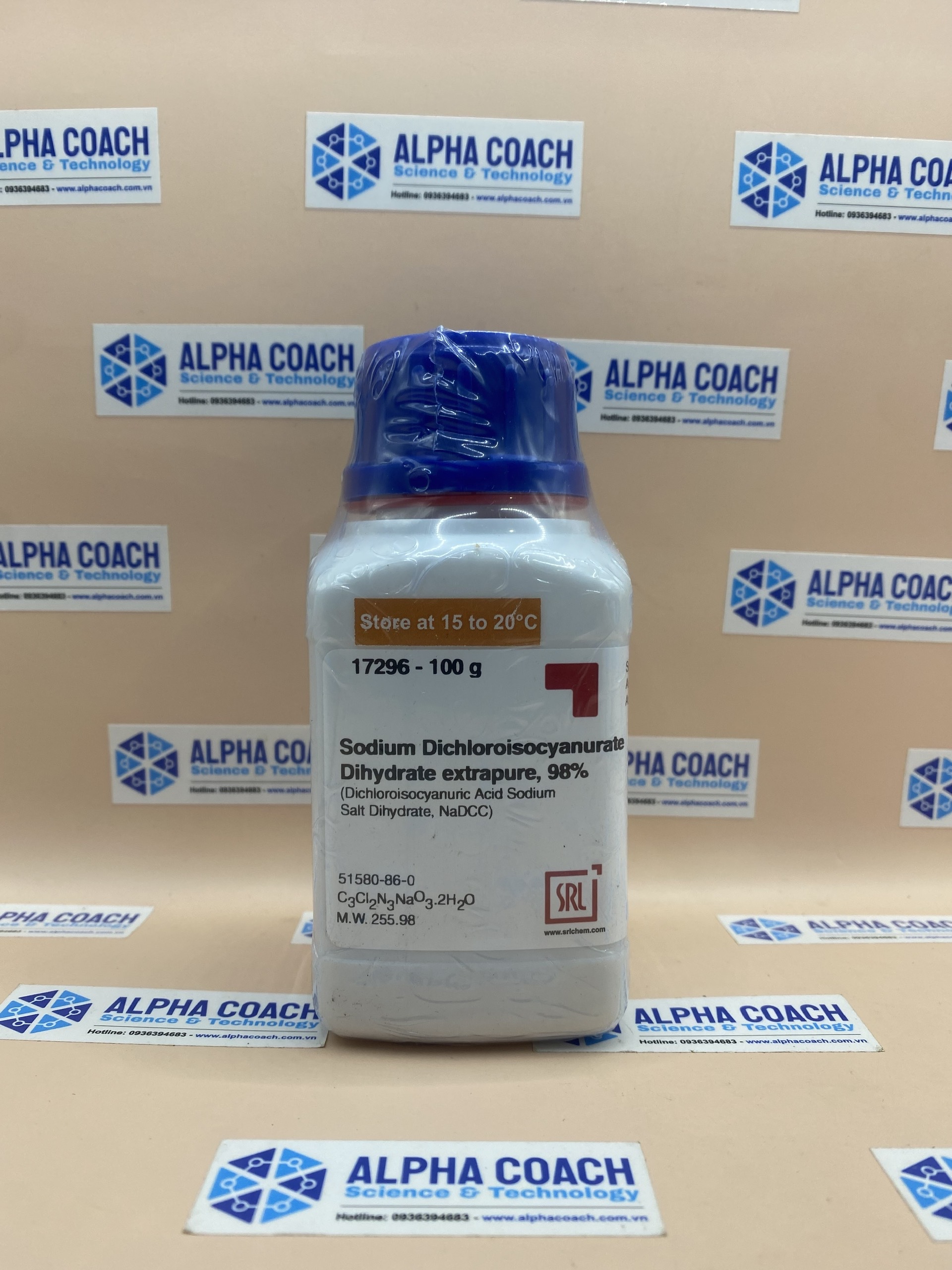 Hoá chất Sodium Dichloroisocyanurate Dihydrate extrapure, 98%, lọ 100g, hãng SRL, Ấn Độ